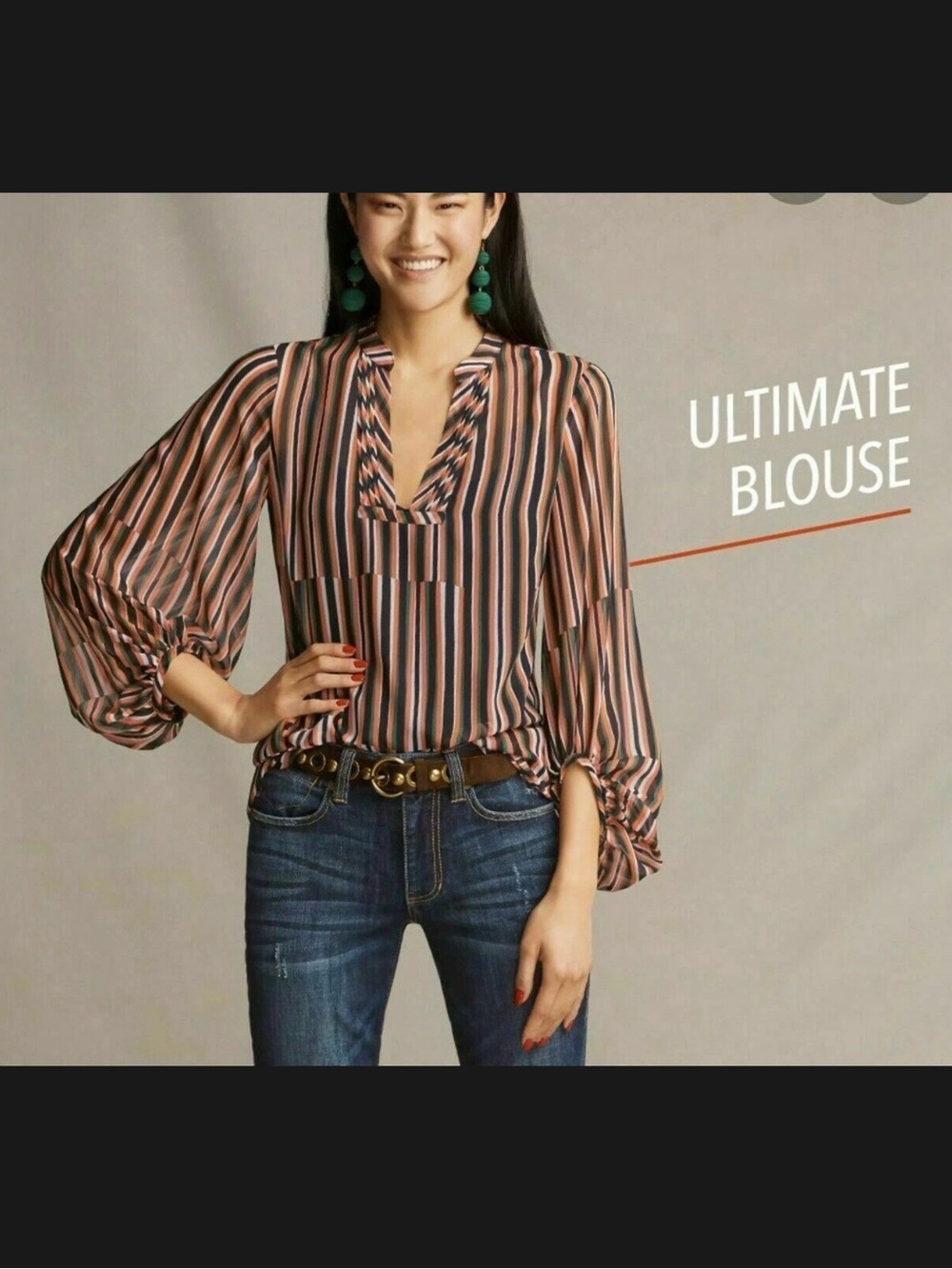 Cabi Ultimate  Blouse Size Large Navy Green Coral Stripe Sheer Tie Cuff Blouse